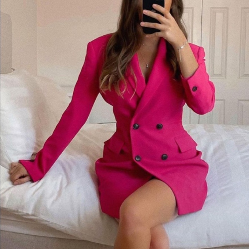 Zara BUTTONED BLAZER DRESS w/ Pockets & Buttons Pink NEW